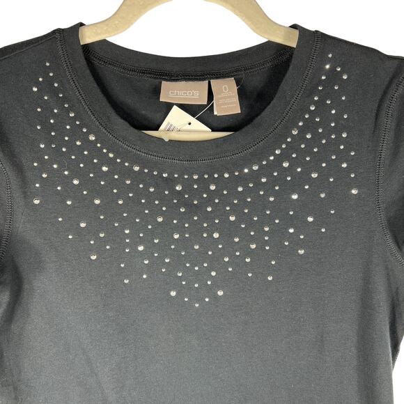 Chico's Silver Studded T-Shirt Size 0/Small Black Cap Sleeve Whimsigoth NEW! - Picture 5 of 8